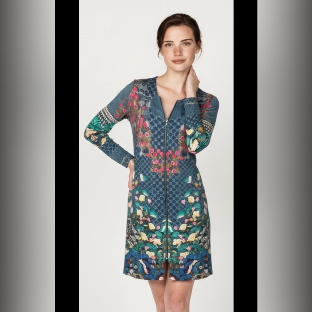 LABEL RITU KUMAR Dress Boho Full Zip Shift Long Sleeves Blue Floral